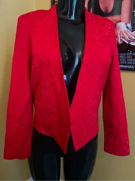 Topshop Jackets & Blazers - Topshop Red Floral Jacquard Open Front Cropped Blazer Jacket Tuxedo US 2